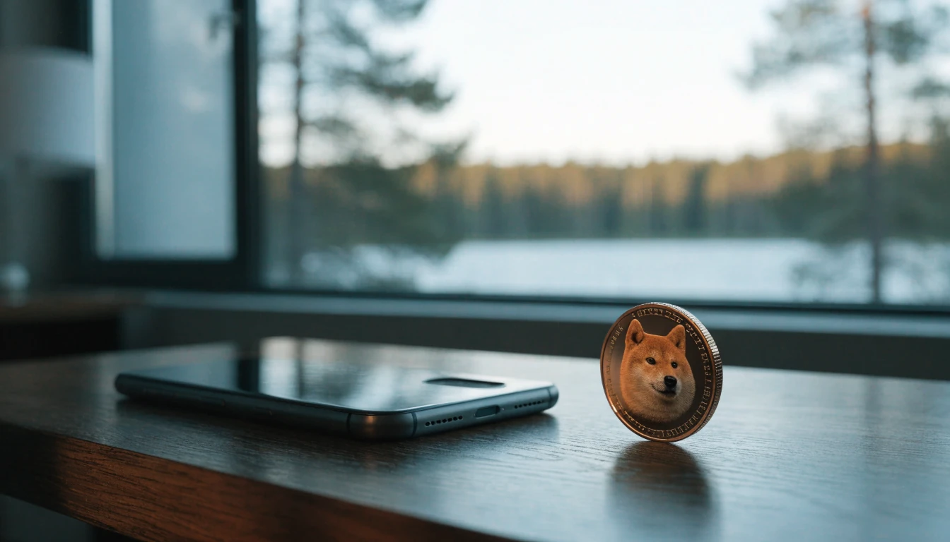 Dogecoin-kolikko ja älypuhuin pöydällä, järvimaisema ikkunoessa