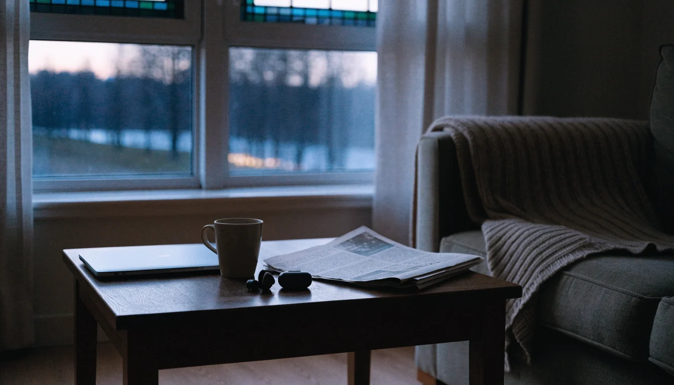 Hiljainen suomalainen olohuone talvi-iltana, kannettava tietokone kiinni pöydällä
